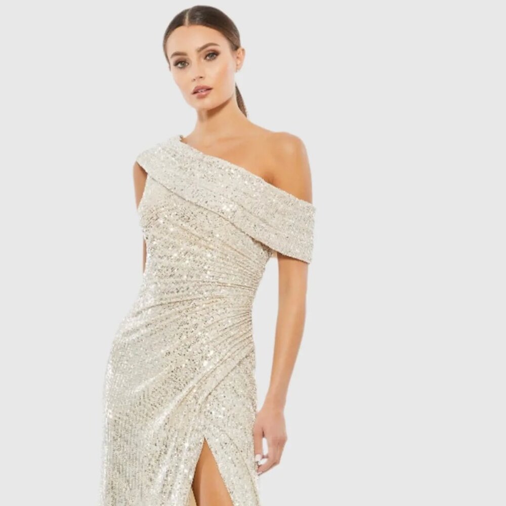 Mac Duggal Beige Sequined Drop Shoulder Evening Sequin Gown 26550 Womens Dress